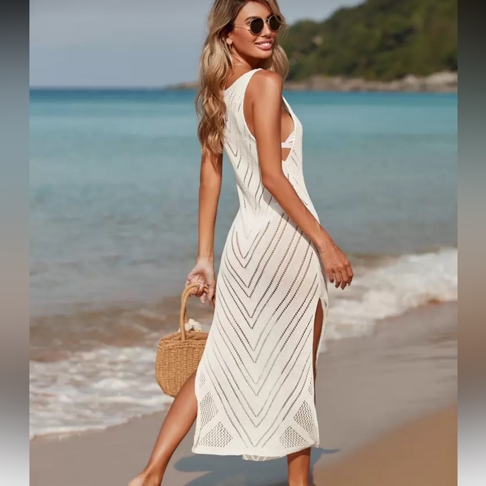 Crochet maxi dress crochet swim coverup dress sleeveless knit olive green - Picture 4 of 7